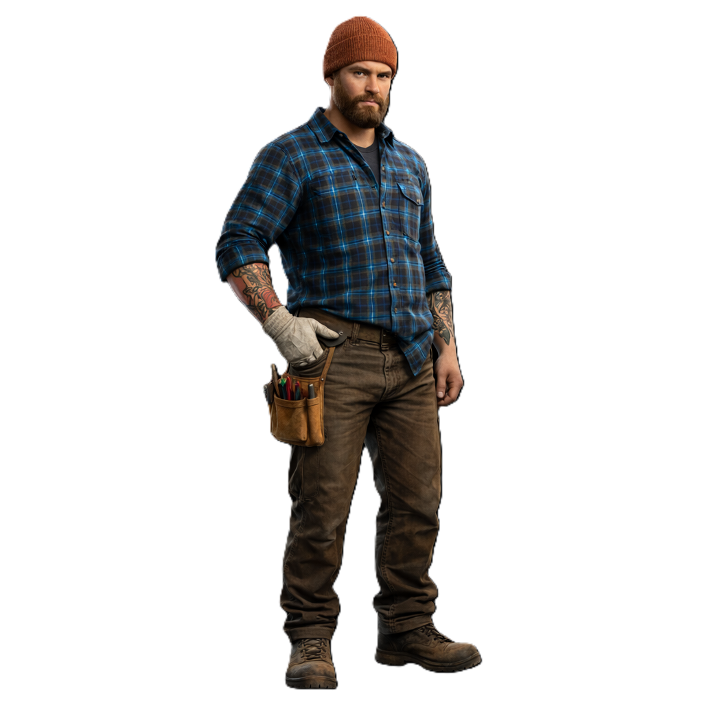 Adam — Salvage County crew member in a blue plaid shirt, beanie, and tool belt
