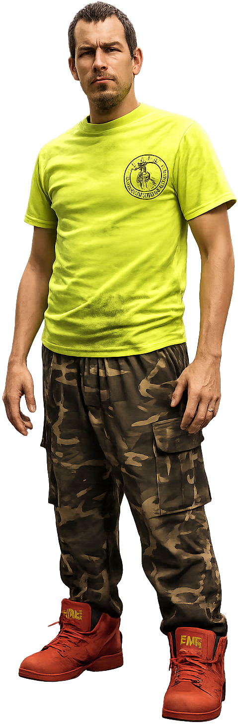 Cryptanaki — Salvage County crew member in a hi-vis yellow shirt, camo pants, and red sneakers