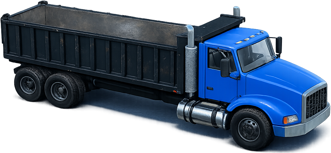 Blue heavy dump truck hauler with a large steel dump bed