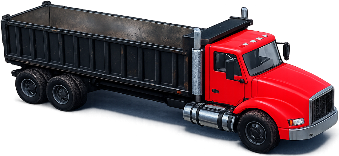 Red heavy dump truck hauler with a large steel dump bed